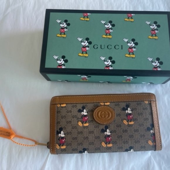 Gucci GG Disney X Mickey Mouse Zip Around Tan Gold Brown Purse Wallet Italy NEW - Picture 8 of 13